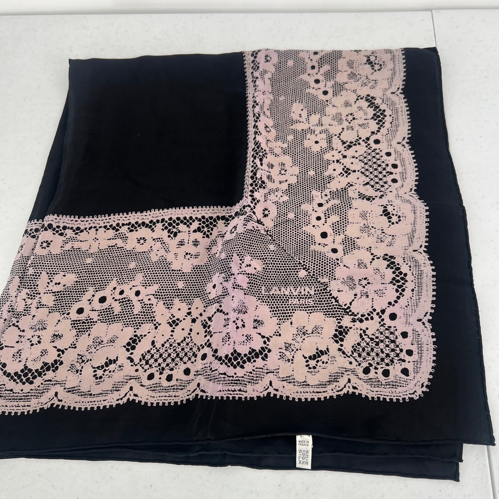 Lanvin Paris Silk Square Scarf Black Pink Floral Lace Print Hand Rolled - Picture 12 of 12